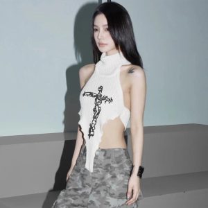 Gothic Cross Halter Knit Top - Y2K Fashion, 2000s Outfit Inspiration