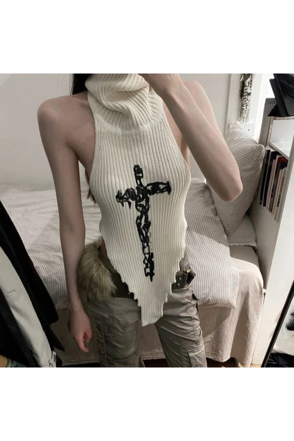 Gothic Cross Halter Knit Top - Y2K Fashion, 2000s Outfit Inspiration