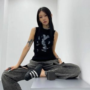 Gothic Ink Muscle Top - Y2K Fashion Outfit, 2000s Style Inspiration