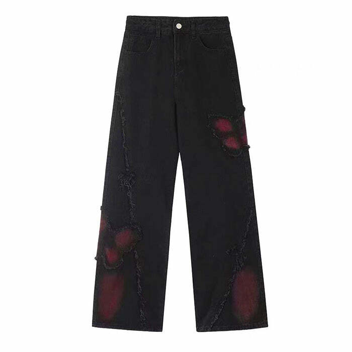 Grunge Aesthetic Black & Red Butterfly Jeans - Y2K Fashion Outfit 2000s