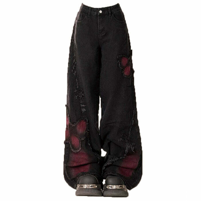 Grunge Aesthetic Black & Red Butterfly Jeans - Y2K Fashion Outfit 2000s