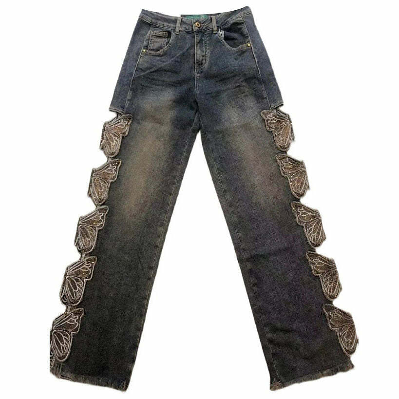 Grunge Aesthetic Butterfly Cut Out Jeans - Y2K Fashion Outfit 2000s