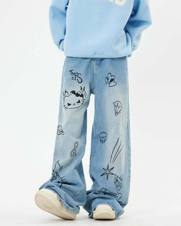 Grunge Aesthetic Cat Jeans in Blue - Y2K Fashion Outfit for Fall 2000s