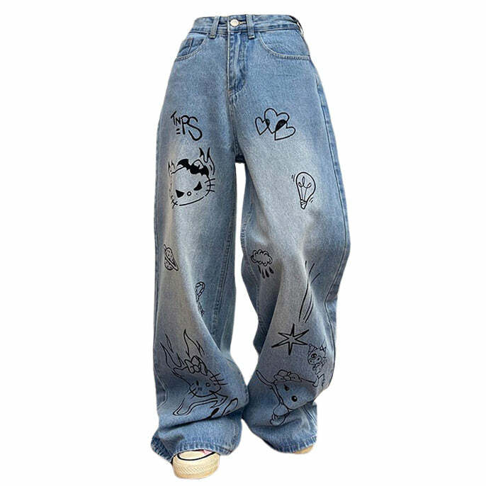 Grunge Aesthetic Cat Jeans in Blue - Y2K Fashion Outfit for Fall 2000s