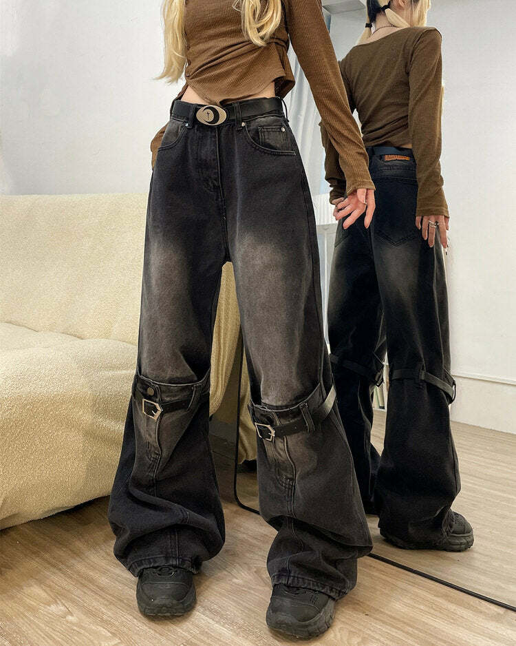 Grunge Aesthetic Knee Buckle Jeans - Iconic Y2K Fashion Outfit