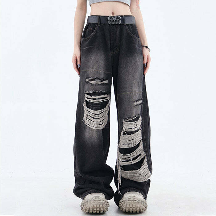 Grunge Aesthetic Ripped Wide Jeans - Iconic Y2K Fashion Outfit