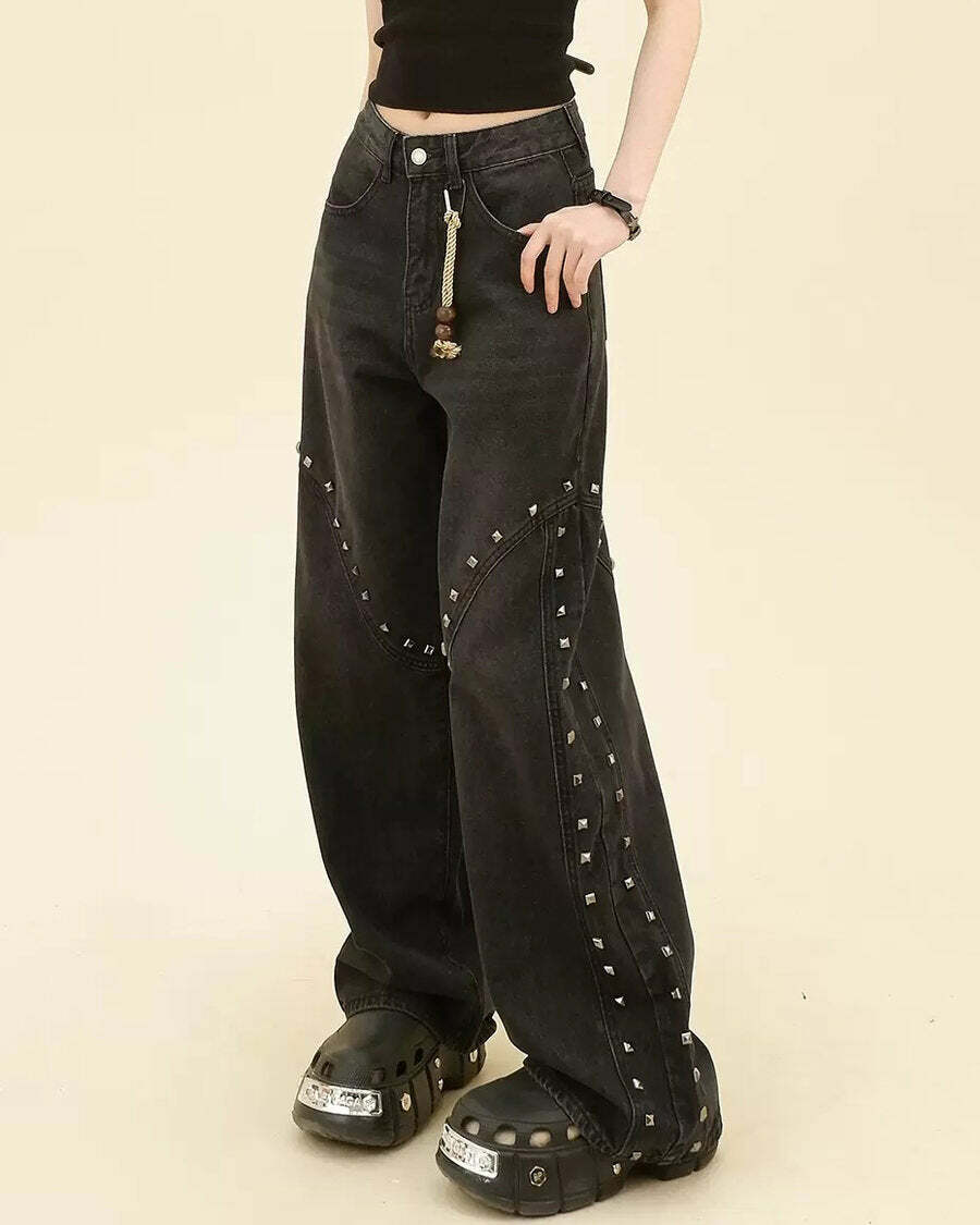 Grunge Aesthetic Rivet Jeans - Y2K Flair Jeans Outfit for 2000s Fashion