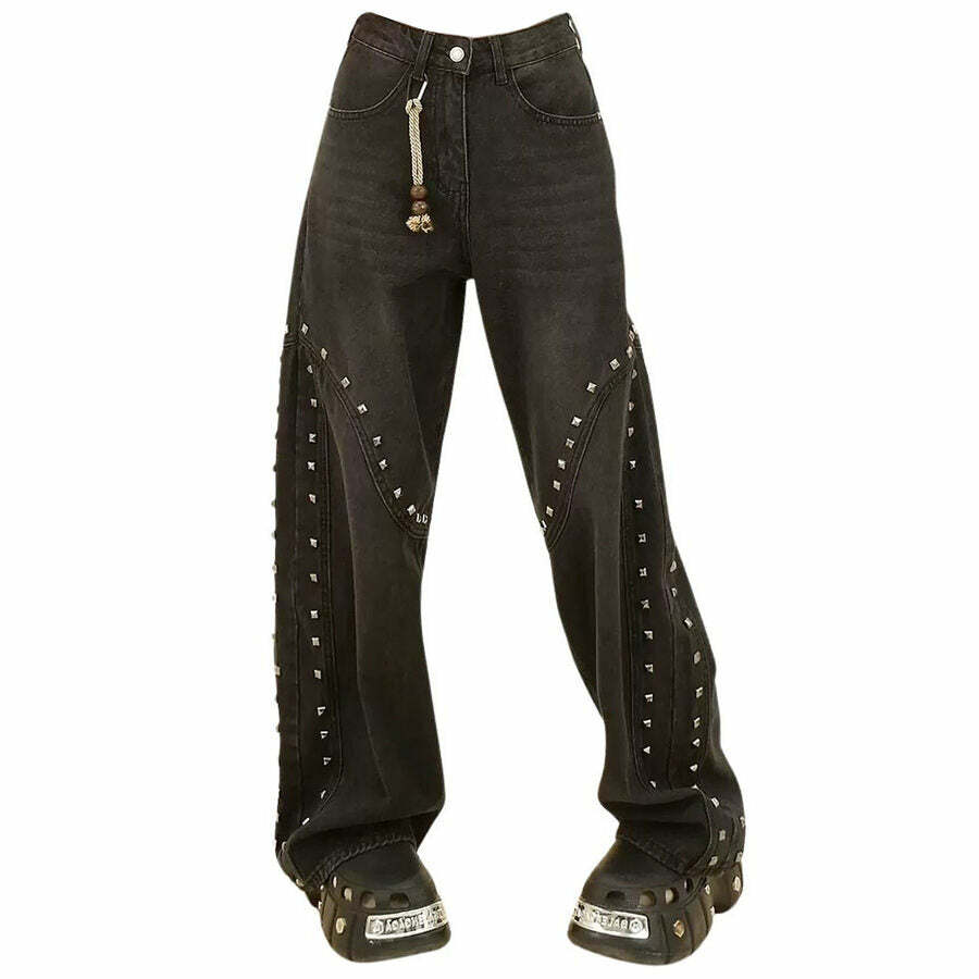 Grunge Aesthetic Rivet Jeans - Y2K Flair Jeans Outfit for 2000s Fashion