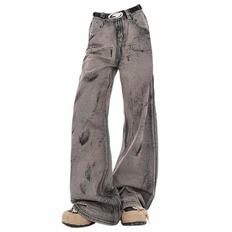 Grunge Aesthetic Wide-Leg Jeans in Grey - Y2K Fashion Outfit 2000s