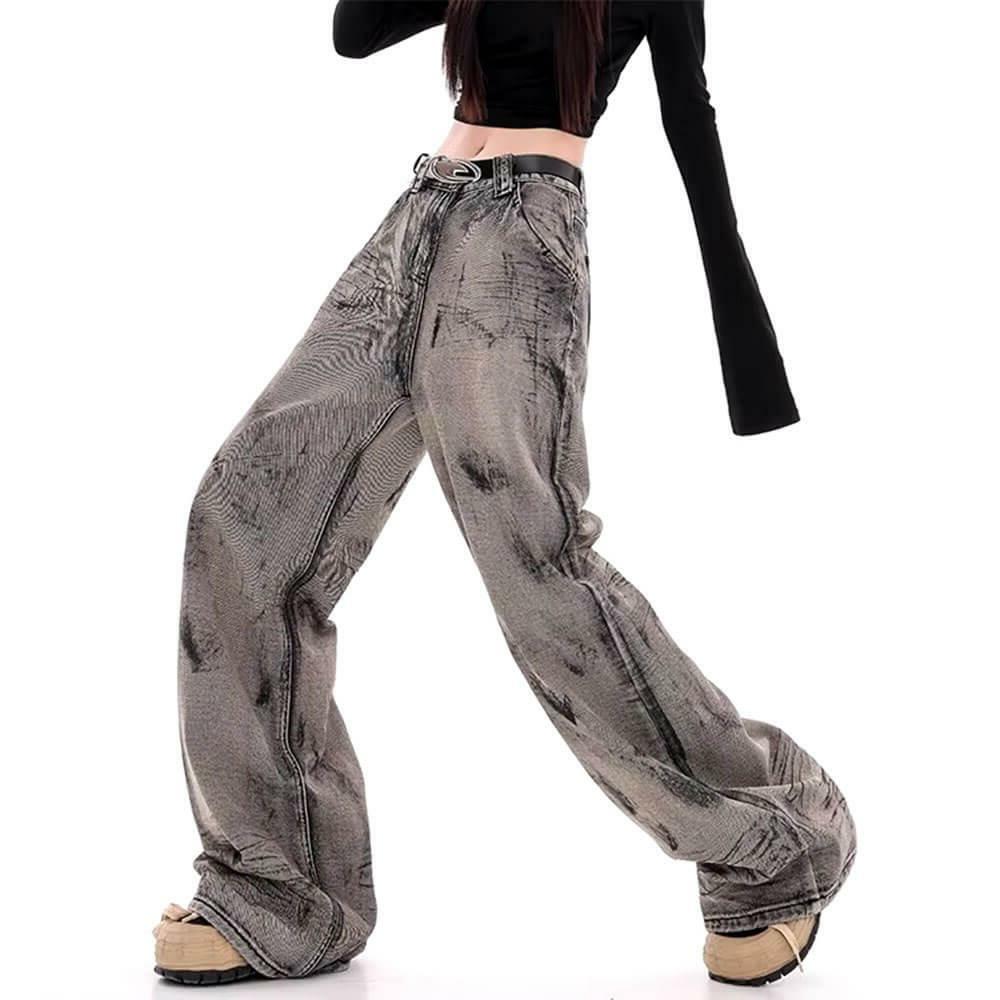 Grunge Aesthetic Wide-Leg Jeans in Grey - Y2K Fashion Outfit 2000s