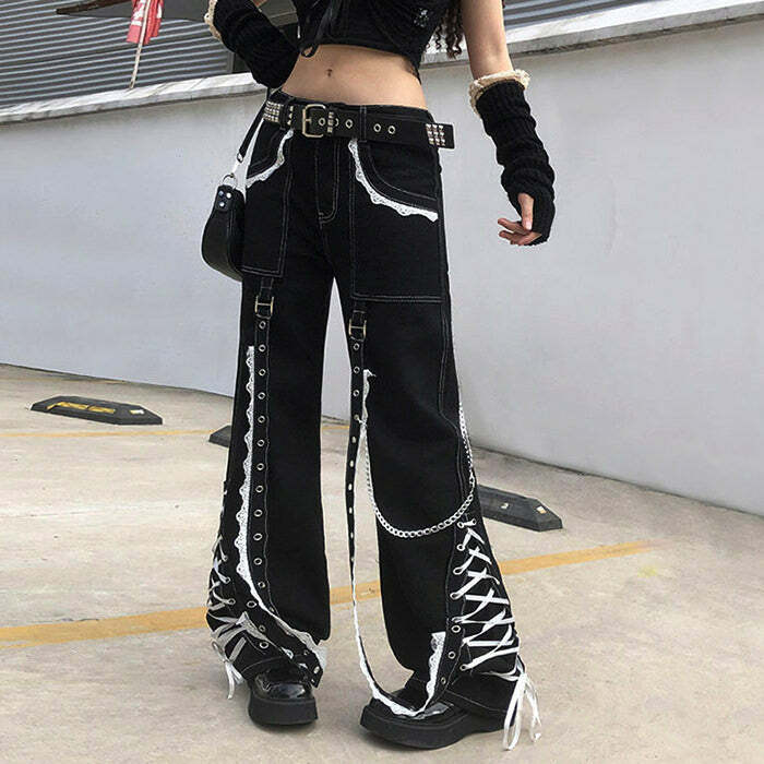 Grunge Lace Up Baggy Jeans - Iconic Y2K Fashion Outfit for Fall 2000s