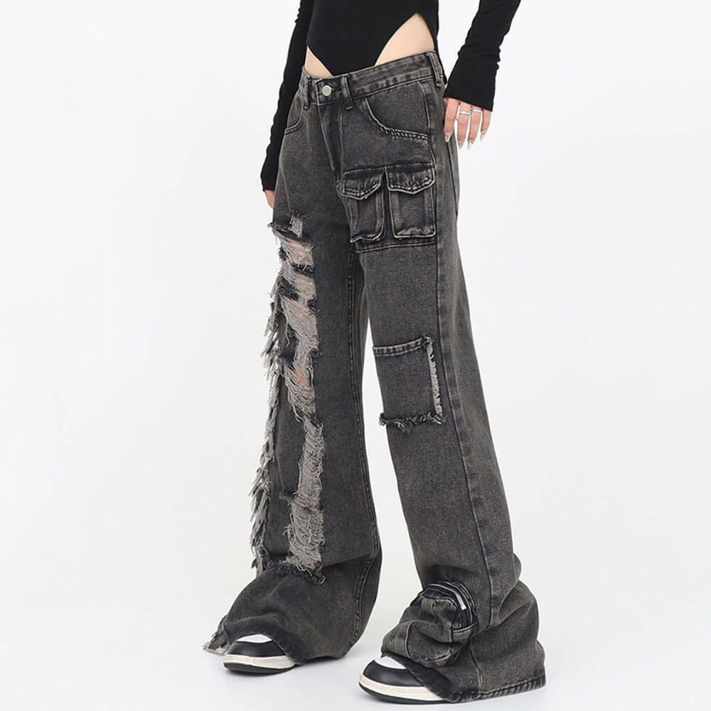 Grunge Ripped Jeans in Black - Y2K Fashion Outfit for 2000s Style