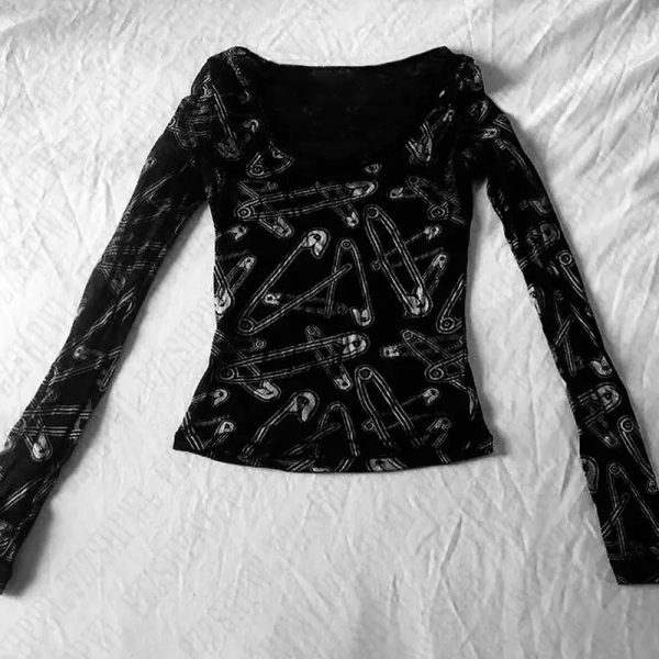 Grunge Safety Pin Long Sleeve Top - Iconic Y2K Fashion Outfit for Women