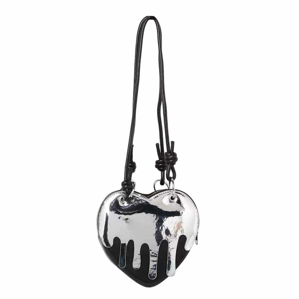 Grunge Silver Drip Heart Handbag - Y2k Fashion, 2000s Aesthetic Outfit