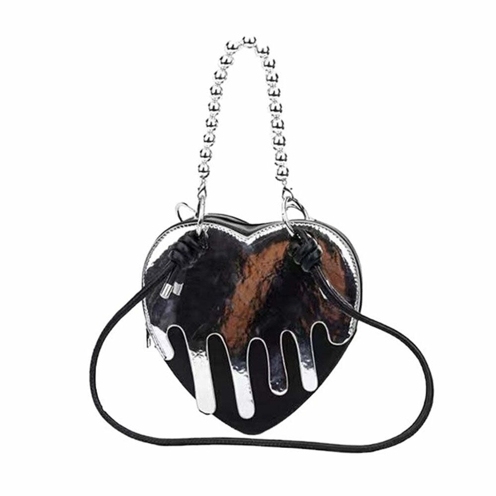 Grunge Silver Drip Heart Handbag - Y2k Fashion, 2000s Aesthetic Outfit