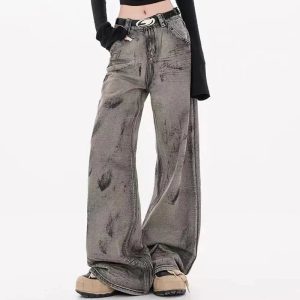 Grunge Splatter Wide-Leg Jeans - Iconic Y2K Fashion Outfit for Fall