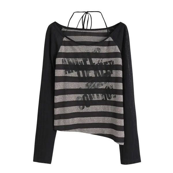 Grunge Striped Slouch Top - Iconic Y2K Fashion Outfit for Fall 2000s