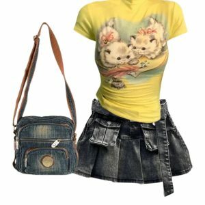 Grunge Utility Pocket Denim Skirt + Vintage Kitten Graphic Top + Y2K Denim Handbag