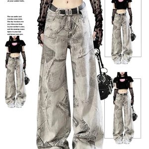 Grunge Washed Graffiti Wide-Leg Jeans - Iconic Y2K Fashion Outfit