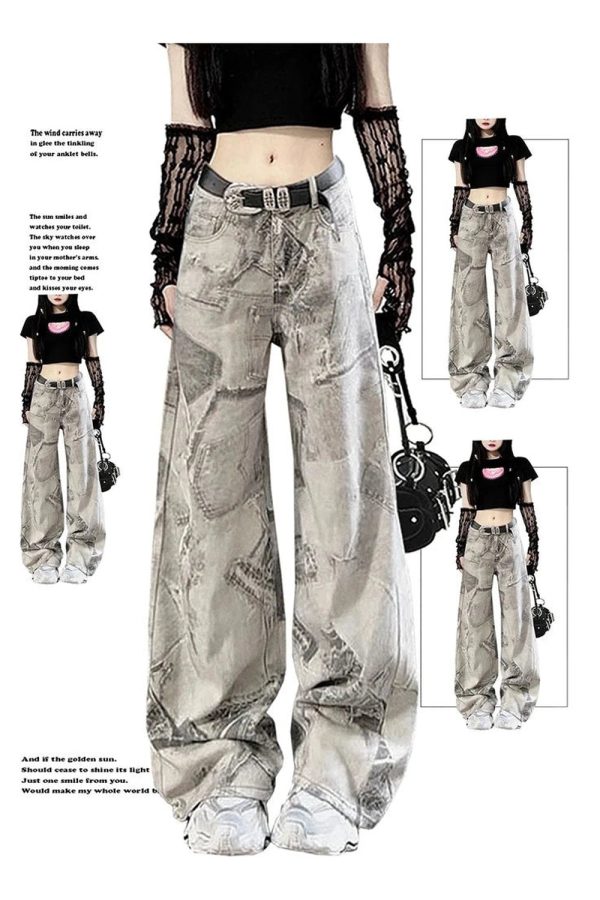 Grunge Washed Graffiti Wide-Leg Jeans - Iconic Y2K Fashion Outfit