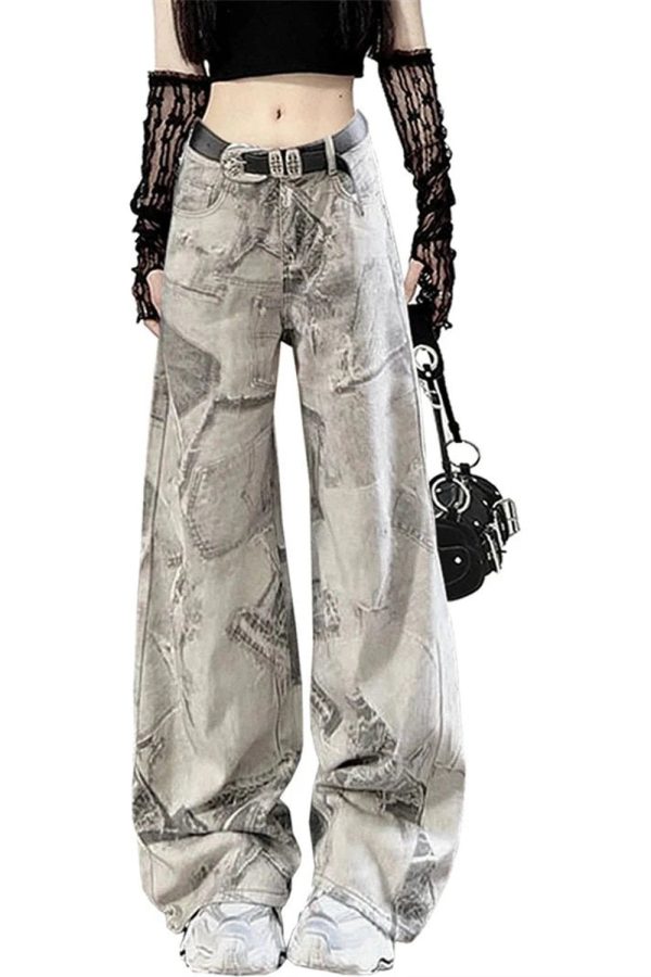 Grunge Washed Graffiti Wide-Leg Jeans - Iconic Y2K Fashion Outfit