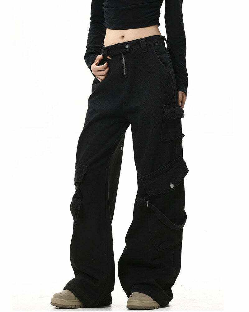 Hashtag Drama Black Cargo Jeans - Trendy 2000s Fashion Outfit for Y2K Style