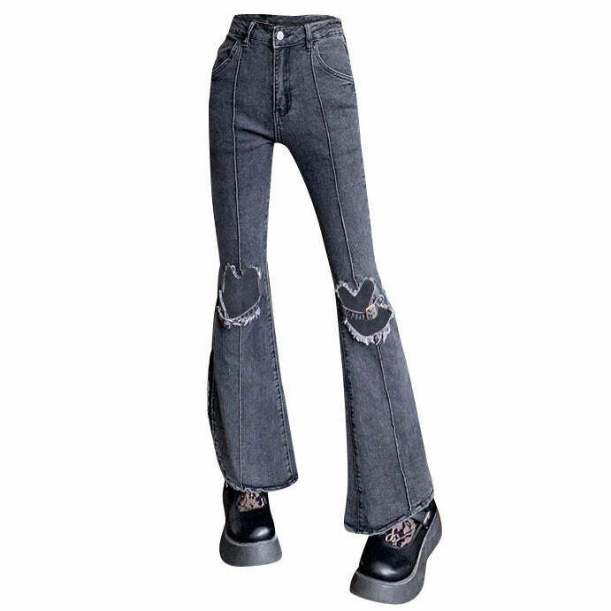 Heart Cut Out Grunge Flare Jeans - Y2K 2000s Fashion Inspiration Outfit