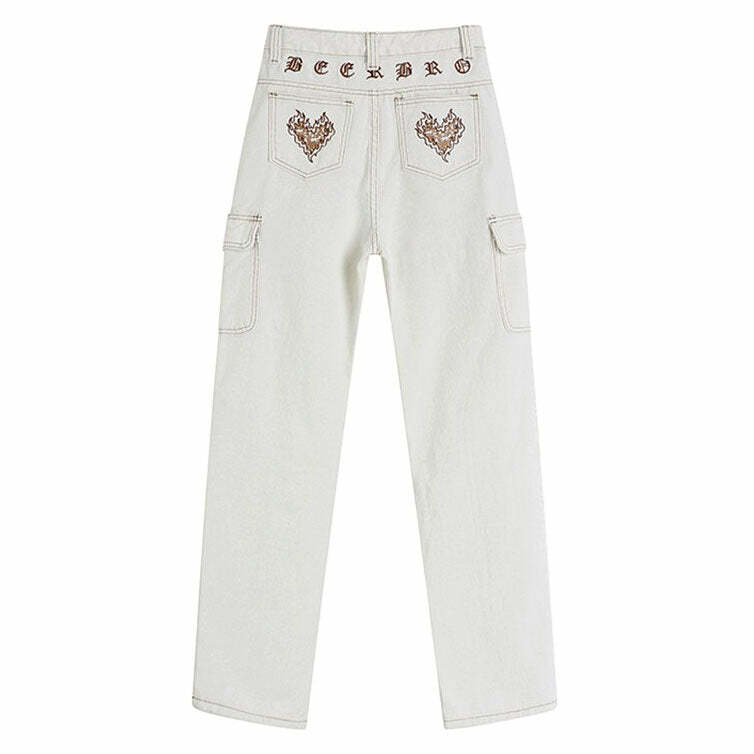 Heart Embroidery Cargo Jeans - Cute 2000s Outfits & Y2K Fashion Inspiration