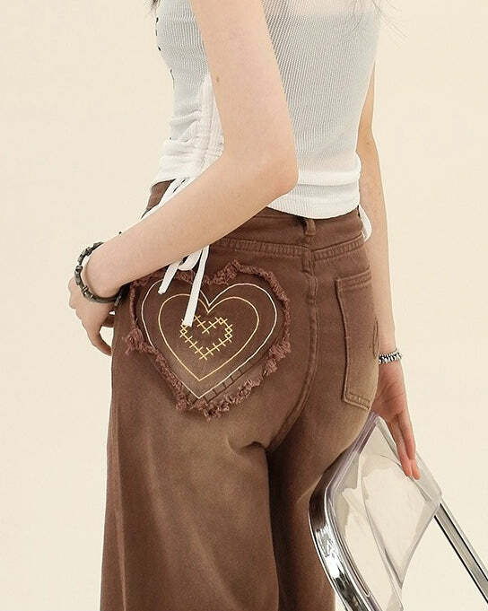 Heart Pocket Brown Jeans - Trendy 2000s Fashion Outfit for Y2K Style