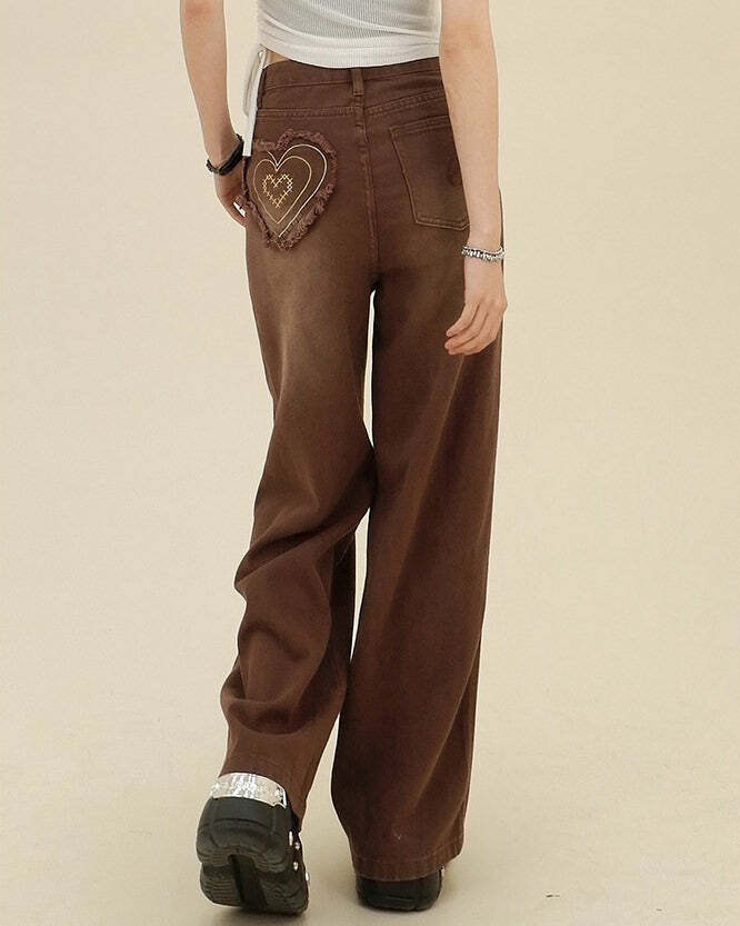 Heart Pocket Brown Jeans - Trendy 2000s Fashion Outfit for Y2K Style