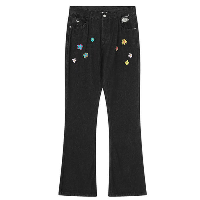 Indie Aesthetic Flower Embroidery Jeans - Y2K Fashion Outfit 2000s Style