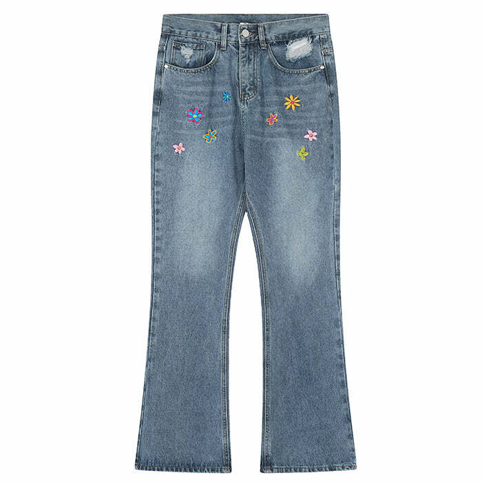 Indie Aesthetic Flower Embroidery Jeans - Y2K Fashion Outfit 2000s Style