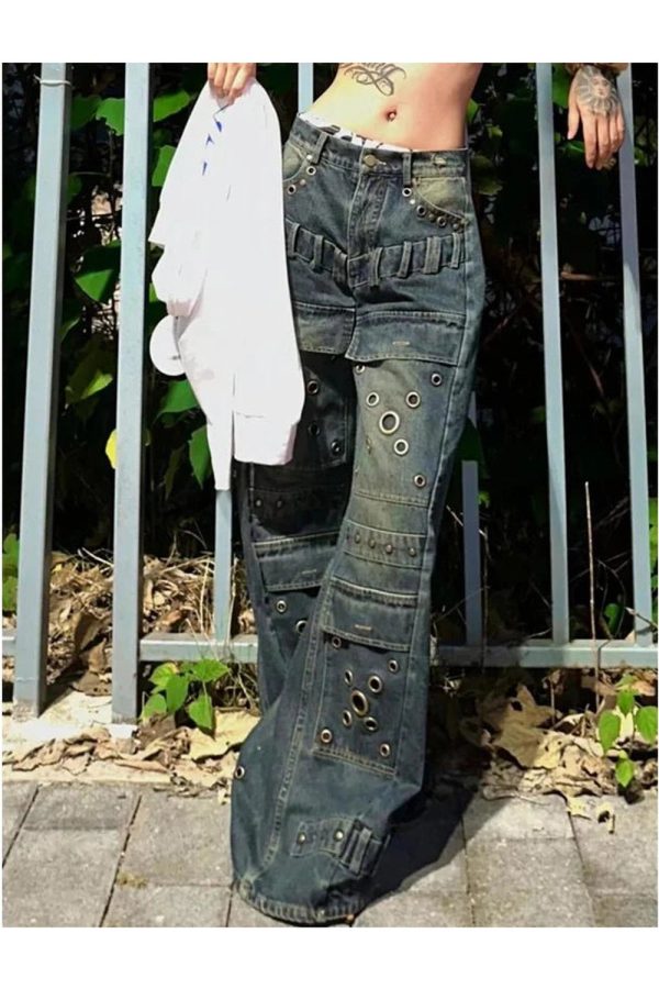 Industrial Grommet Cargo Jeans - Trendy 2000s Fashion Outfit for Y2K Style