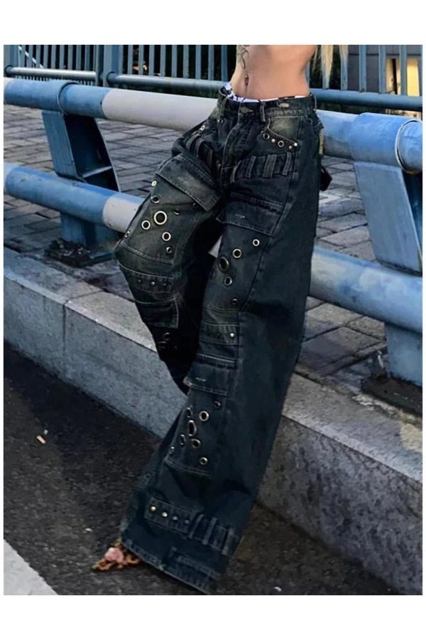 Industrial Grommet Cargo Jeans - Trendy 2000s Fashion Outfit for Y2K Style