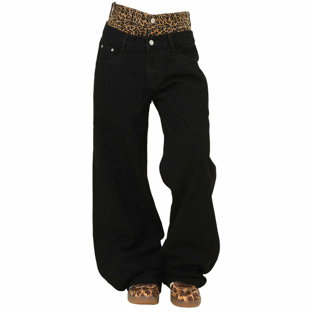 Inner Leopard Layered Jeans - Trendy 2000s Fashion Outfit for Y2K Style