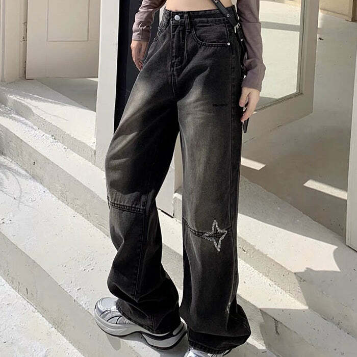 Knee Star Black Jeans - Iconic Y2K Fashion Outfit for Fall 2000s Style