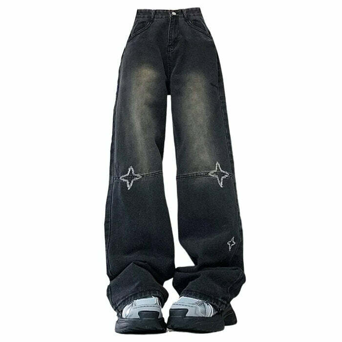 Knee Star Black Jeans - Iconic Y2K Fashion Outfit for Fall 2000s Style