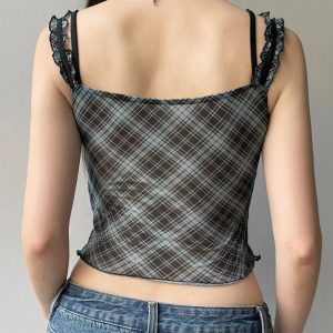 Lace-Trim Plaid Mesh Top - Trendy 2000s Fashion Outfit for Y2K Aesthetic