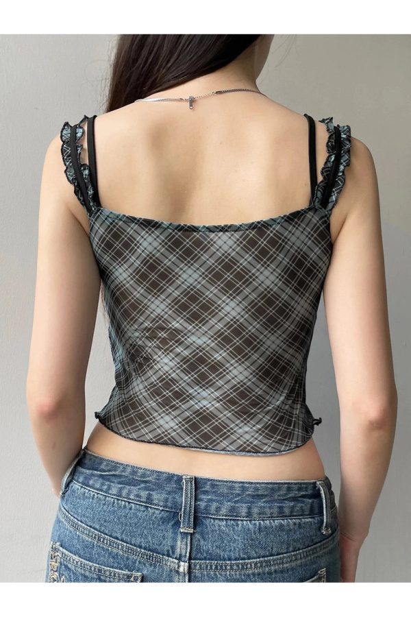 Lace-Trim Plaid Mesh Top - Trendy 2000s Fashion Outfit for Y2K Aesthetic