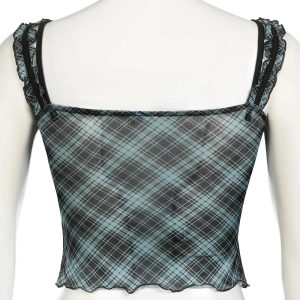 Lace-Trim Plaid Mesh Top - Trendy 2000s Fashion Outfit for Y2K Aesthetic