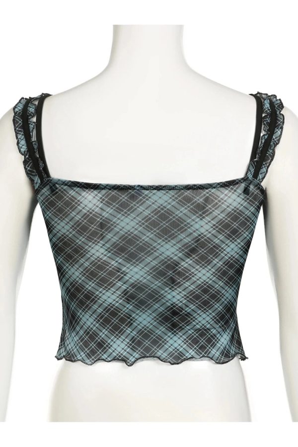 Lace-Trim Plaid Mesh Top - Trendy 2000s Fashion Outfit for Y2K Aesthetic