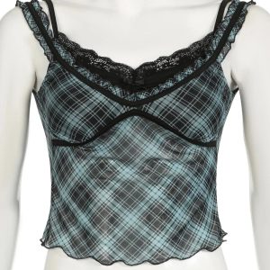 Lace-Trim Plaid Mesh Top - Trendy 2000s Fashion Outfit for Y2K Aesthetic