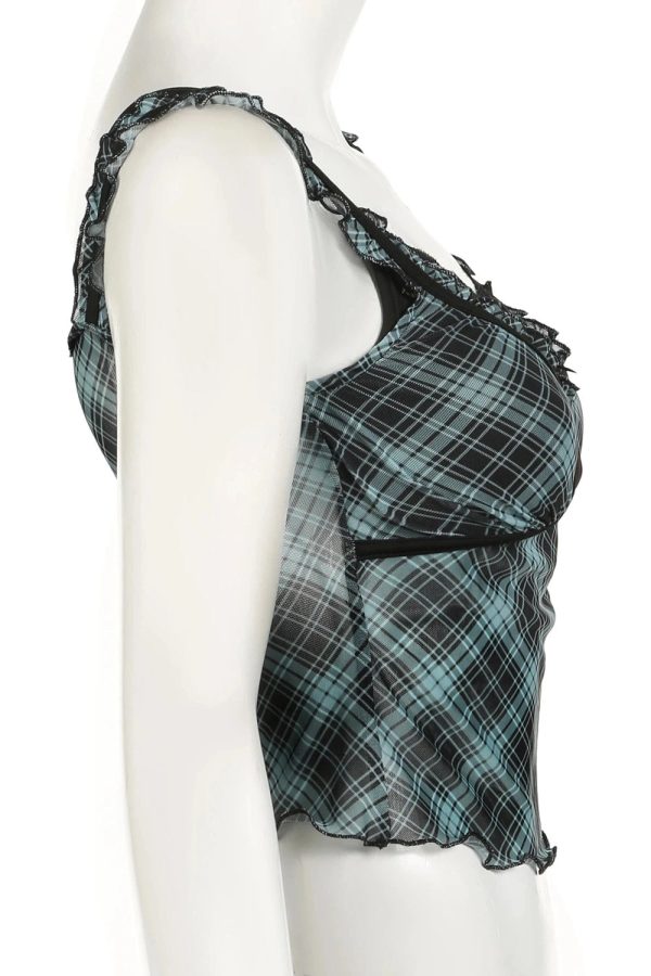 Lace-Trim Plaid Mesh Top - Trendy 2000s Fashion Outfit for Y2K Aesthetic