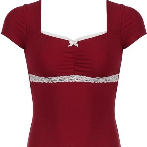 Lace-Trim Sweetheart Ruched Top - Iconic Y2K Fashion Outfit for Fall