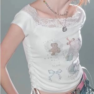 Lace-Trimmed Off-Shoulder Graphic Top for Y2K Fashion Outfits