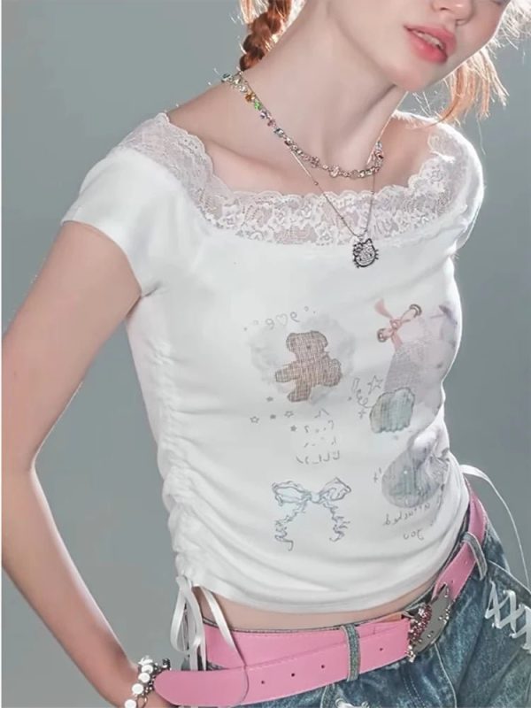 Lace-Trimmed Off-Shoulder Graphic Top for Y2K Fashion Outfits