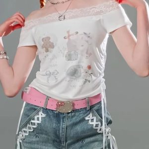 Lace-Trimmed Off-Shoulder Graphic Top for Y2K Fashion Outfits