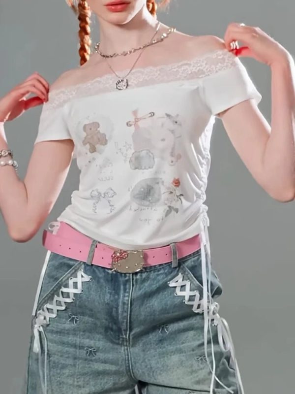 Lace-Trimmed Off-Shoulder Graphic Top for Y2K Fashion Outfits