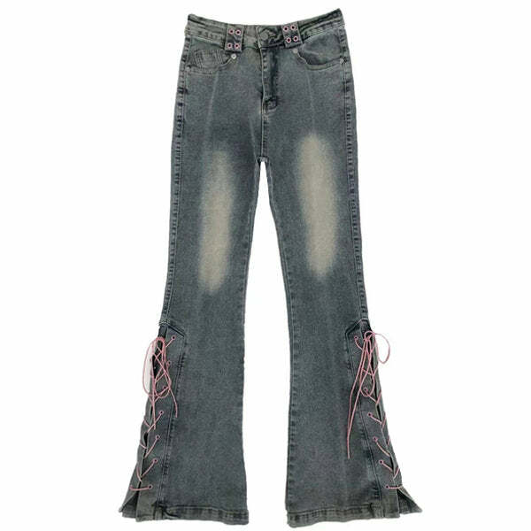 Lace Up Flared Jeans - Trendy Y2K Fashion Outfit for 2000s Style Lovers