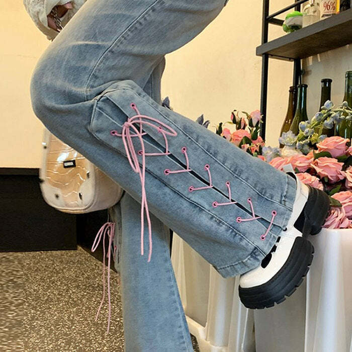 Lace Up Flared Jeans - Trendy Y2K Fashion Outfit for 2000s Style Lovers